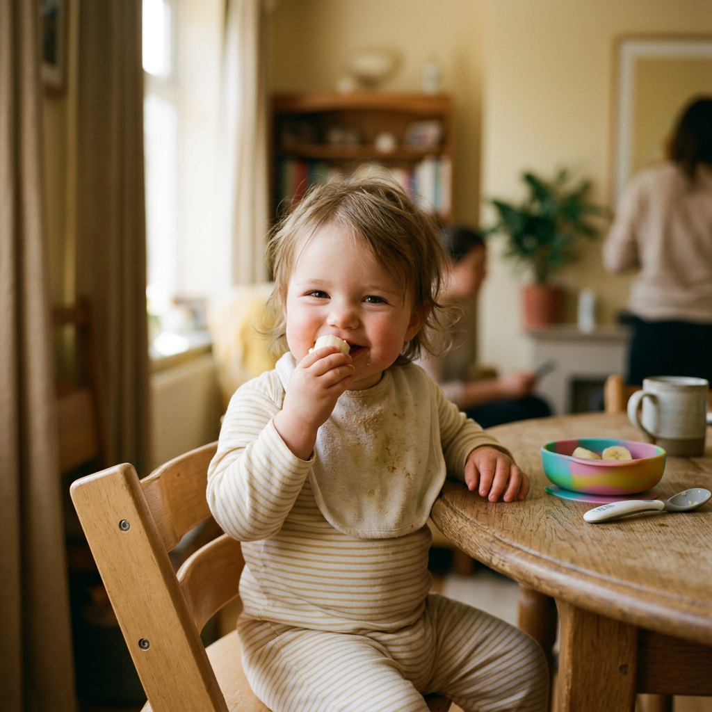Niña pequeña en una mesa de casa comiendo plátano con una sonrisa
