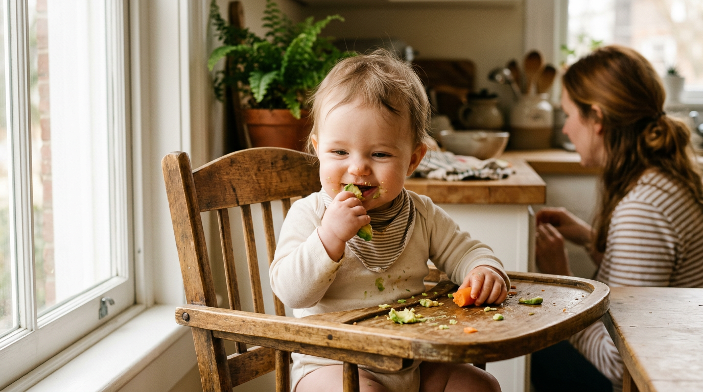 Bebé en trona comiendo aguacate y zanahoria en una cocina luminosa