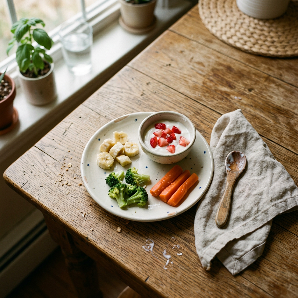 Plato de bebé con plátano, brócoli, zanahoria y yogur con fresas sobre mesa de madera