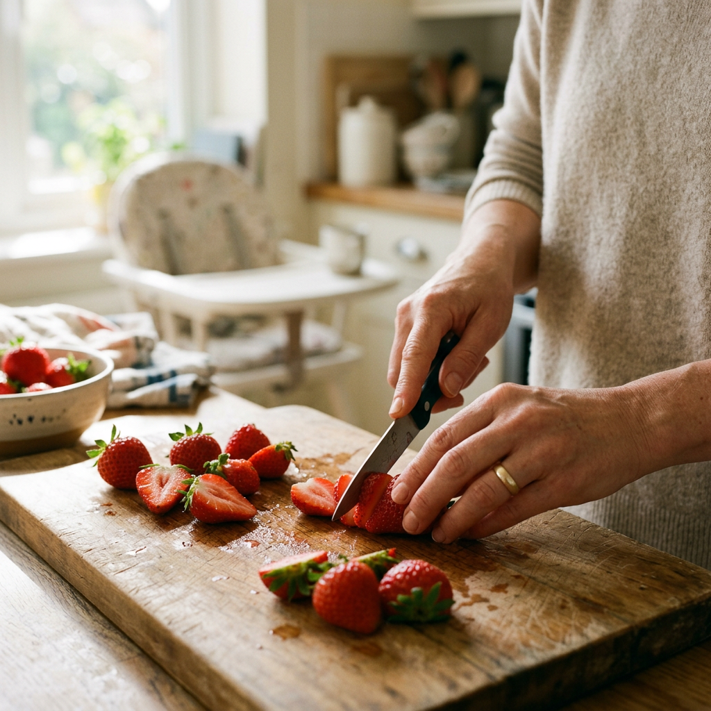 Manos cortando fresas frescas sobre tabla de madera en cocina luminosa