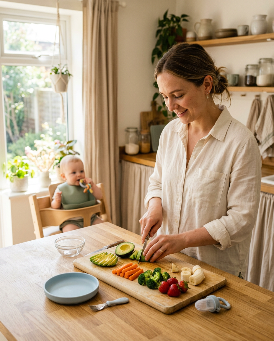 Mamá preparando comida saludable para su bebé en una cocina luminosa