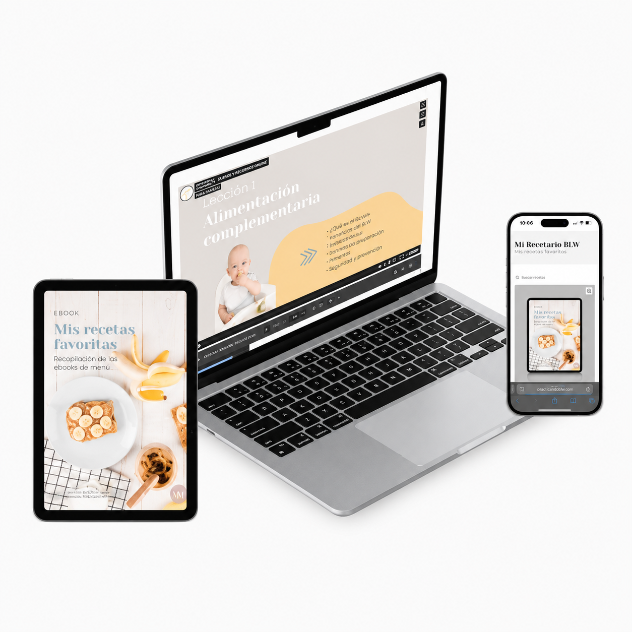 Mockup del Pack Alimentación 360º en laptop, tablet y móvil